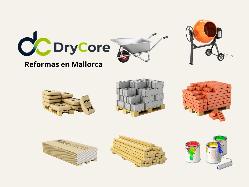 Logo de DryCore Reformas en Mallorca junto a materiales y herramientas de obra