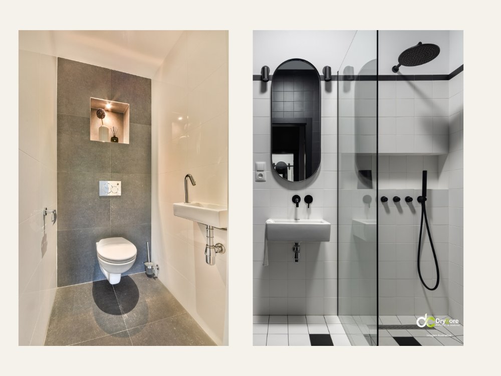 Baño pequeño con lavabo, inodoro y ducha moderna, ejemplo ilustrativo para reforma de baño en Mallorca.
