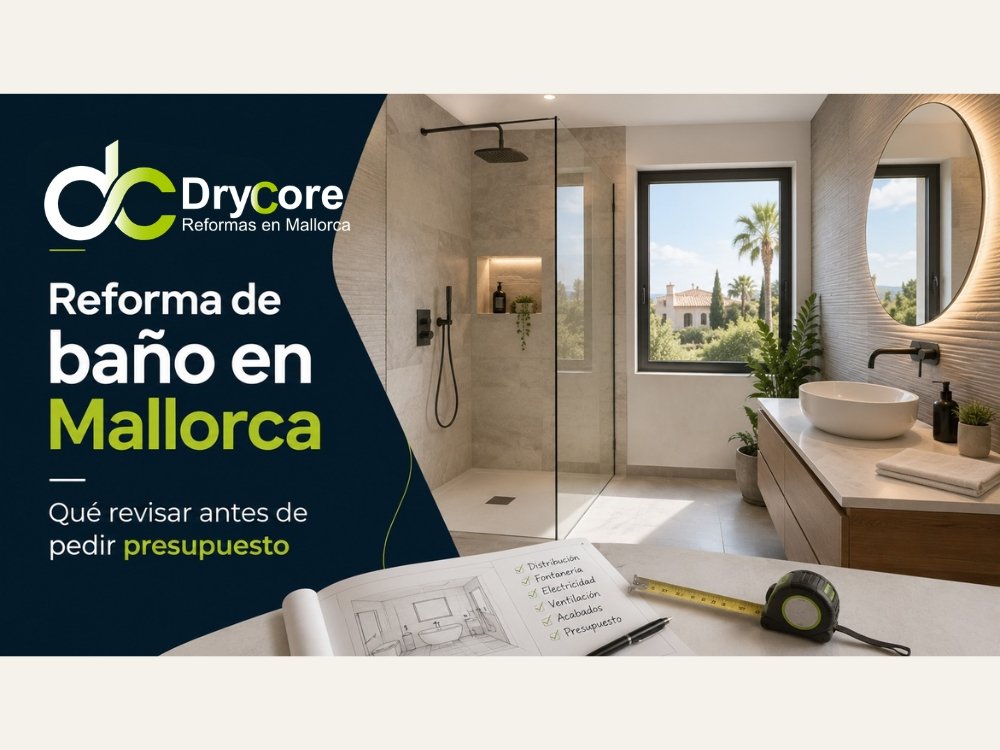 Imagen de reforma de banho en mallorca - portada sobre reforma de baño en Mallorca con ducha moderna, plano de obra, cinta métrica y logo de DryCore.