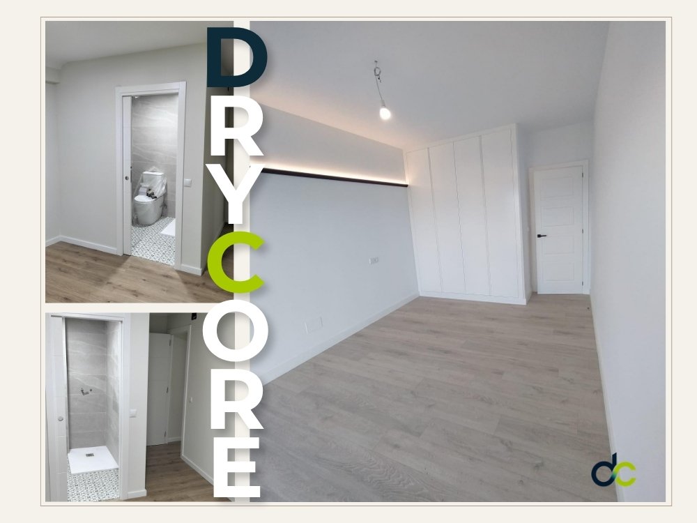 Collage de interiores reformados en Mallorca con cocina, baño, salón y zona de estar renovados por DryCore