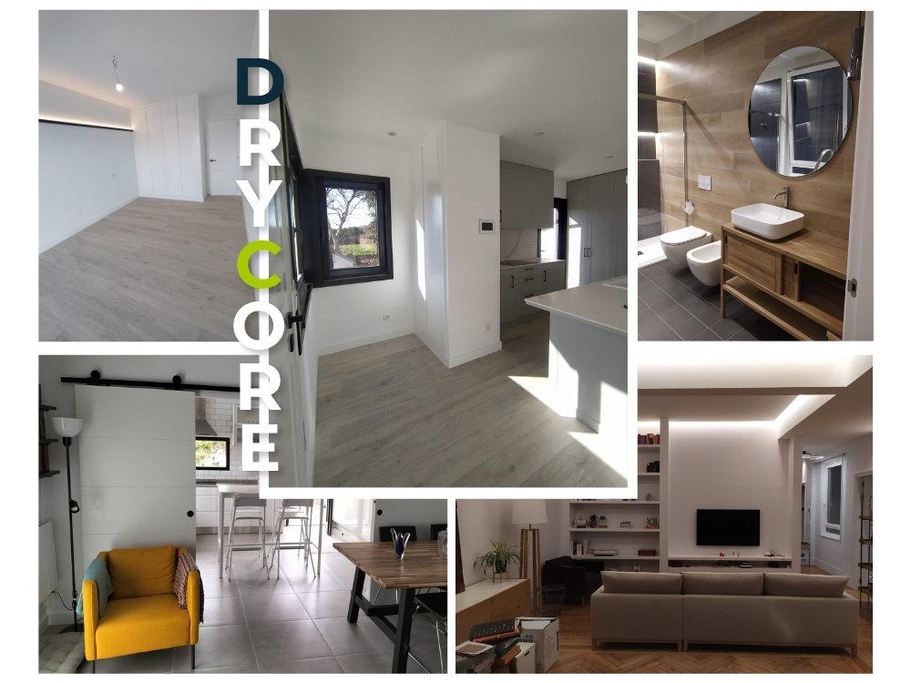 Collage de reformas integrales en Mallorca con cocina, baño, salón y dormitorio reformados por DryCore