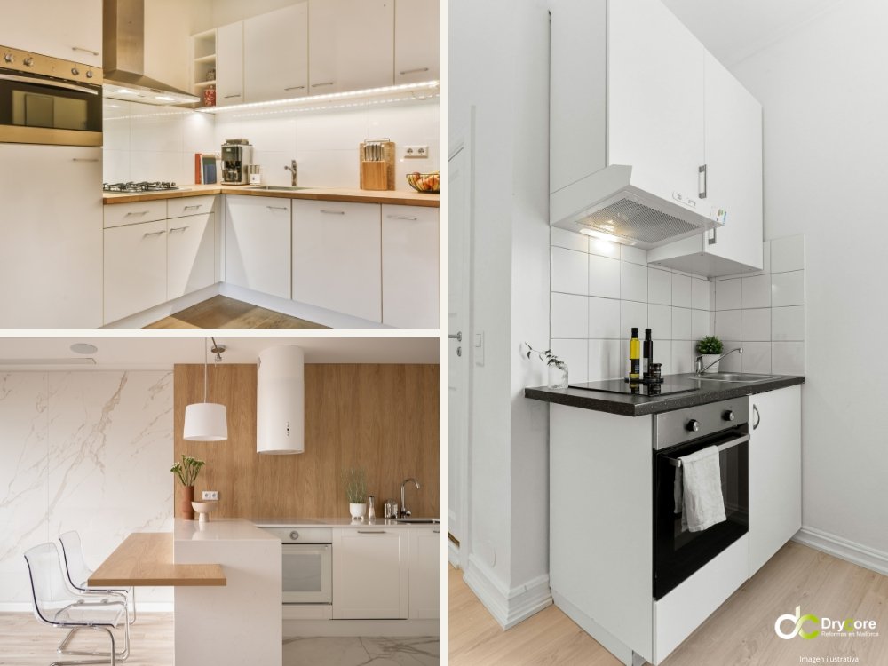 Composición de cocinas pequeñas y modernas con muebles claros, campana extractora y buena distribución para reforma en Mallorca. Reformas de cocina en Mallorca - DryCore (4)