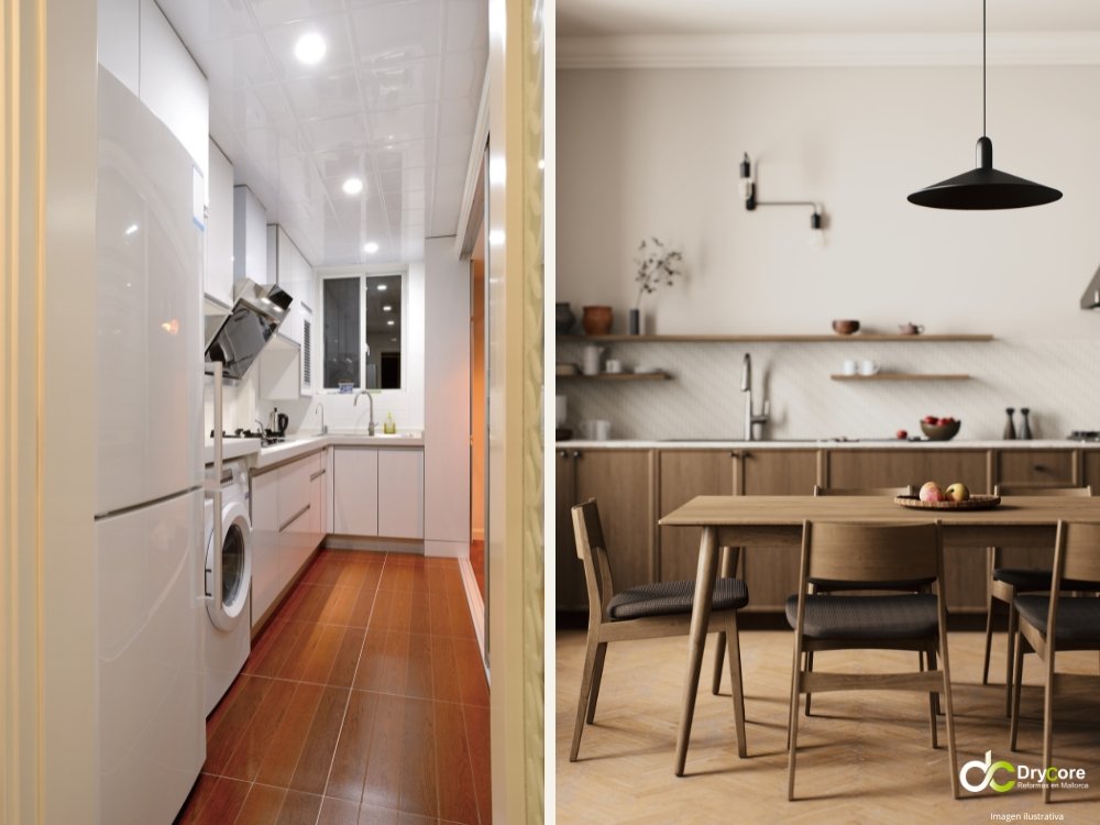 Composición con cocina estrecha reformada y cocina abierta al comedor, ejemplos ilustrativos para reformas de cocina en Mallorca. Reformas de cocina en Mallorca - DryCore (5)