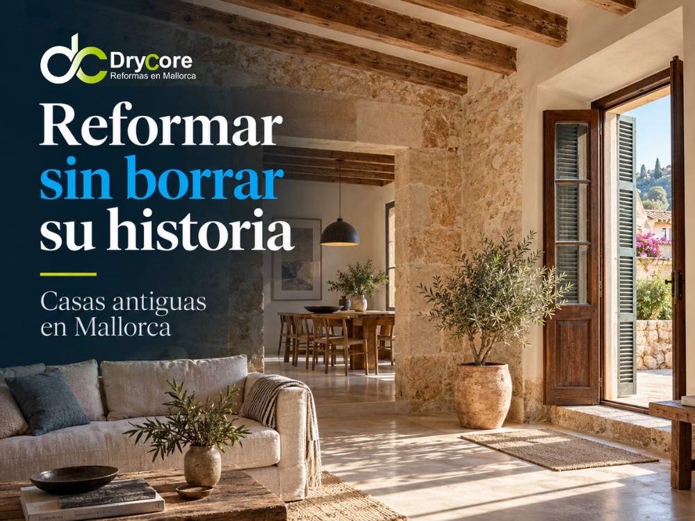 Interior reformado de una casa antigua en Mallorca con muros de piedra y vigas de madera - Reformar una casa antigua en Mallorca - DryCore